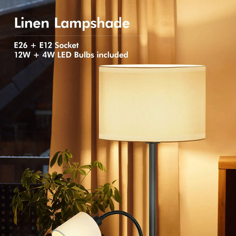 Cozy Living Room Floor Lamp With Linen Shade Tall Reading Light Black Matte Pole Lamp With 12W LED Bulb 3 Way Rotary Switch