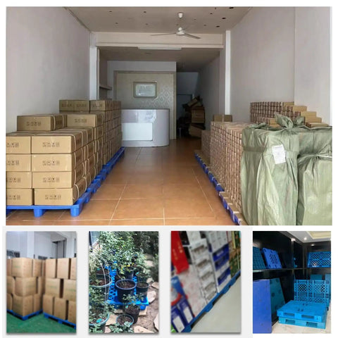 Warehouse with boxes on lightweight interlocking plastic pallets with breathable grid storage pads for outdoor use spliceable design.