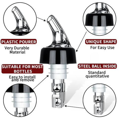 Automatic Measured Bottle Pourer For Party Ready Drinks Quick Shot Spirit Measure 1 Ounce 30 Milliliters Per Pour Durable Virgin Plastic Fits Most Bottles No Collar Design Reduces Waste Ideal Home Bar Tools 4 Pack, plastic pourer with steel ball