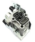 Front view of VTEC Solenoid Spool Valve Assembly with Oil Pressure Switch and Gasket for Honda Accord Civic CRV Element RSX Direct Fit Replacement 2.0L and 2.4L Engines