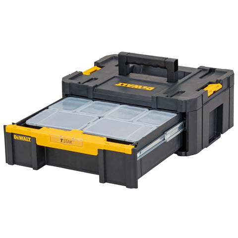 Sturdy T Stak III Deep Drawer Tool Storage Box With Drawer Built Tough As Nails For Impact Drivers Yellow And Black Construction Case Nine Point Five Liter Deep Drawer Storage Heavy Duty Organizer For Extreme Conditions showing removable storage cups