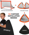 2 Pack 4 By 3 Feet Pop Up Soccer Goals Set For Indoor And Outdoor Practice Portable Goals With Carrying Bag And Ground Stakes Orange Perfect For Backyard Field Court, showing folding and storage process with child holding carrying bag