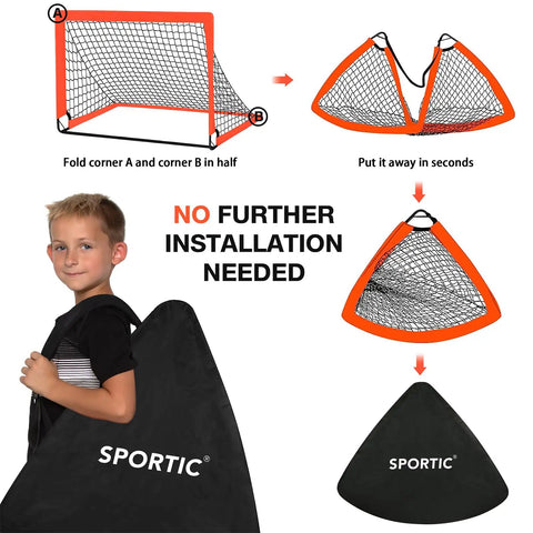 2 Pack 4 By 3 Feet Pop Up Soccer Goals Set For Indoor And Outdoor Practice Portable Goals With Carrying Bag And Ground Stakes Orange Perfect For Backyard Field Court, showing folding and storage process with child holding carrying bag