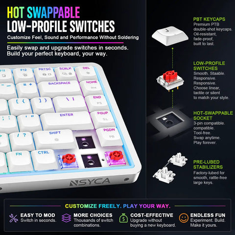 Low-Profile 75 Mechanical Keyboard With Aluminum Frame And Hot-Swappable Switches Features low-profile switches and PBT keycaps.