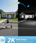 Split image showing day and night functionality of Wireless 2K HD Doorbell Camera With Ring Chime, boy on scooter in daytime.