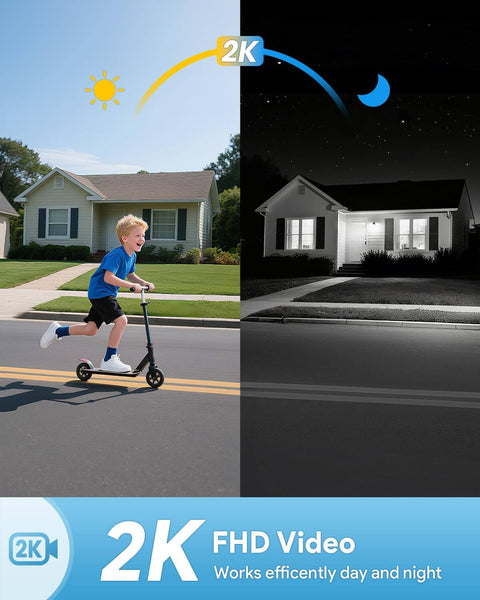 Split image showing day and night functionality of Wireless 2K HD Doorbell Camera With Ring Chime, boy on scooter in daytime.