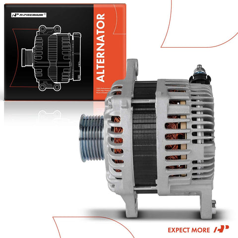 130 Amp 12V Alternator For Nissan Altima 2011 2018 V6 3.5L Maxima 2011 2014 2016 2018 Murano 2017 2018 Power Up Your Ride With 7 Groove Pulley Clockwise Rotation Drop In Replacement To Meet 11557N 2104007 23100JA11B 2310MJA11BRW Specs side view