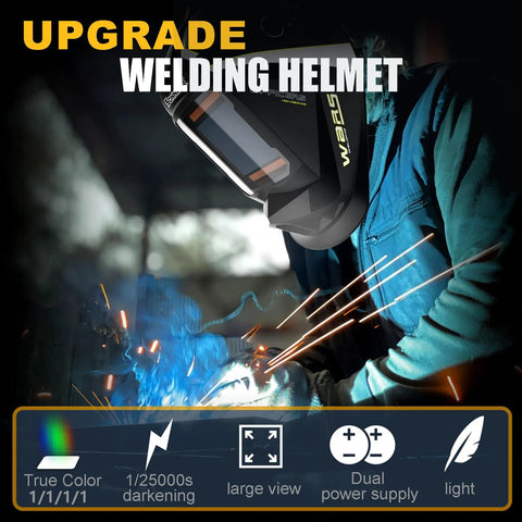 Welder using Auto Darkening Welding Helmet With Ultra Wide Viewing Lens 3.94 by 3.66 Inches, 4 Arc Sensors, Solar Battery Powered
