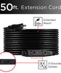 Image of a coiled Two Pack 50 Ft Outdoor Extension Cords With Three Outlets Grounded Power Strip Heavy Duty 16 Gauge UL Listed 125V 13A.