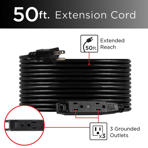Image of a coiled Two Pack 50 Ft Outdoor Extension Cords With Three Outlets Grounded Power Strip Heavy Duty 16 Gauge UL Listed 125V 13A.