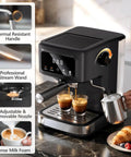 Compact Espresso Machine With Automatic Milk Frother And Led Touch Display, 15 Bar Coffee Maker For Bold Lattes And Rich Cappuccinos, Real Deal Home Brewing Setup Straight From Your Kitchen, showing thermal resistant handle and professional steam wand.