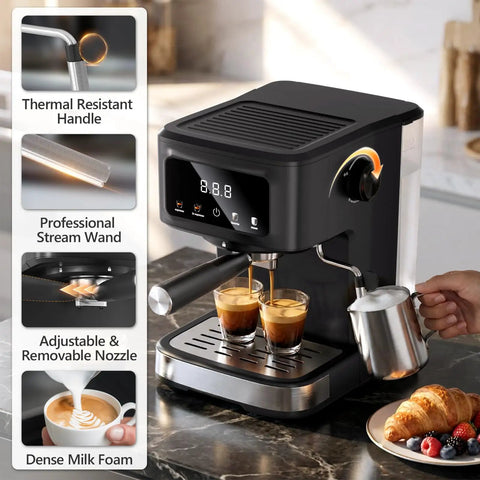 Compact Espresso Machine With Automatic Milk Frother And Led Touch Display, 15 Bar Coffee Maker For Bold Lattes And Rich Cappuccinos, Real Deal Home Brewing Setup Straight From Your Kitchen, showing thermal resistant handle and professional steam wand.