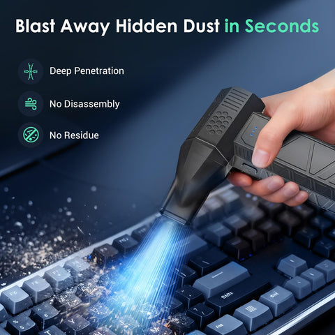 Cordless Air Duster With 110000 RPM Brushless Motor used on keyboard for dust removal, showing powerful airflow effect