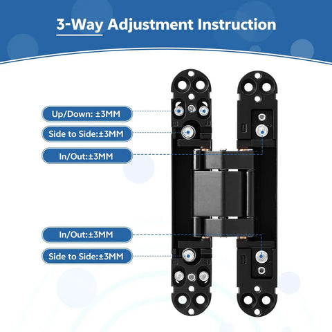 3-way adjustment instructions for Heavy Hitter Hidden Door Hinges 2 Pack, 6 Inch concealed pivot hardware.