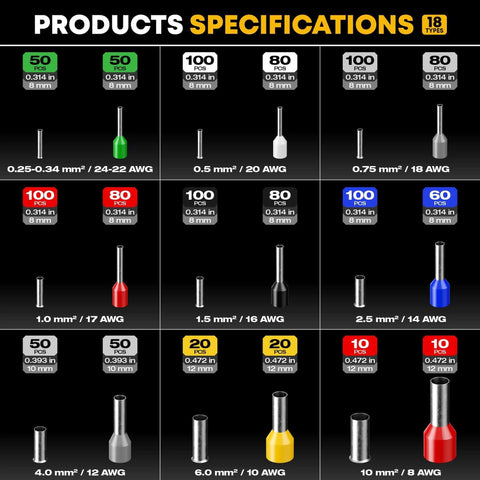 Various ferrules from Beefy Ferrule Crimping Tool Kit With Ratchet Pliers For 24-8 AWG Wire, showing sizes and specifications.