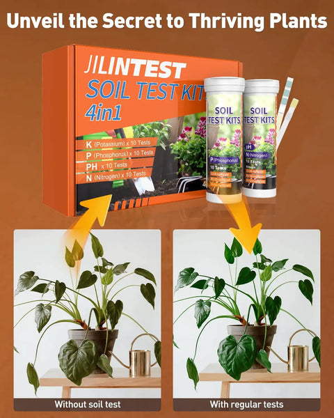 4 In 1 Soil Test Kit for pH Nitrogen Phosphorus and Potassium, 40 tests for lawn garden farm with test strips and plants