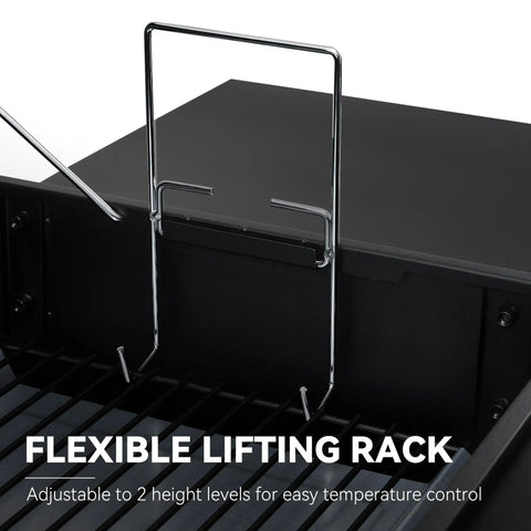 Close-up of a flexible lifting rack on CC1830SC Charcoal Offset Grill Smoker with adjustable height levels.