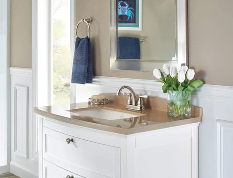 Bathroom with Windemere Centerset Brushed Nickel Bathroom Faucet For 4-Inch 3-Hole Vanity Sink With Metal Push-Pop Drain Assembly Stainless B2596LF-SS No-Fuss DIY Install And Guaranteed Quality