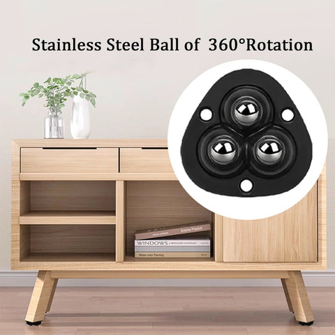 Self Adhesive Mini Caster Wheels 360 Degree Swivel For Small Appliances And Furniture Stainless Steel Rollers For Storage Bins And Trash Cans Low Height Elevation Quiet Smooth Movement Easy Install Non Marking On Floors 4 Pack Black shown installed on wooden furniture