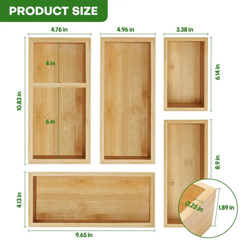 Game Changing Bamboo Drawer Organizer Set Featuring Adjustable Dividers To Keep Vanity Makeup Kitchen Cutlery Office Essentials And Crafting Gear Neatly Sorted, showcasing product dimensions.