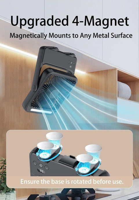 Ultra Slim 20000mAh Magnetic Cruise Approved Fan With Night Light mounted on metal surface, showing airflow and magnet base.
