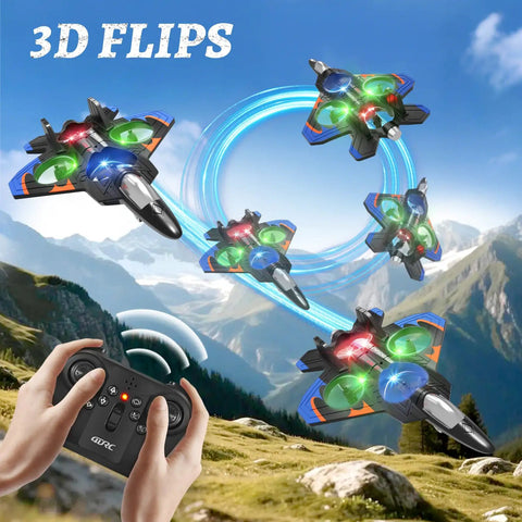 Rad Foam Remote Control Airplane Fighter Jet With Lights performing 360 degree flips outdoors with a remote control.
