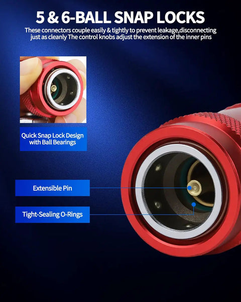 Close-up of red quick coupler with 5/6-ball snap locks for Quick Coupler Kit For Car AC Systems, Must Have Pro Grade Quick Connect Adapters And High Low Hose Fittings, 2 Pack R1234yf Adapters For Evacuation And Recharging, Hassle Free Line Repair Tools For Quick AC Service.