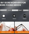 Front view: eyeglass repair tool, 3-in-1 screwdriver with replaceable tips for nose pads and screws.