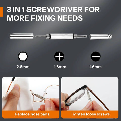 Front view: eyeglass repair tool, 3-in-1 screwdriver with replaceable tips for nose pads and screws.
