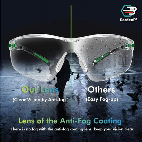Rock Solid Pair Of Uv Shielding Safety Glasses With Anti Fog Scratch Proof Wraparound Lenses showing clear vs fogged lenses.