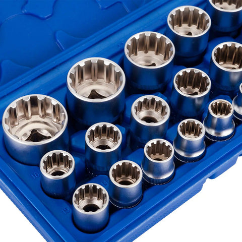 Heavy Duty 19 Piece Half Inch Drive Universal Spline Socket Set With 12 Point Chrome Vanadium Sockets Metric Eight To Thirty Two Millimeters