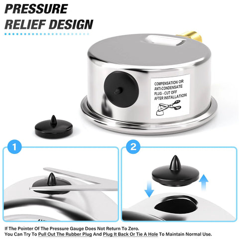 Stainless steel glycerin-filled pressure gauge with a 1.5-inch dial, 0–200 psi, lower-mount, includes 1/4 NPT and 3/8 NPT bushings