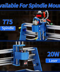 All Metal 3 Axis CNC Router Kit With Emergency Stop showing spindle and laser options for engraving on wood and acrylic.