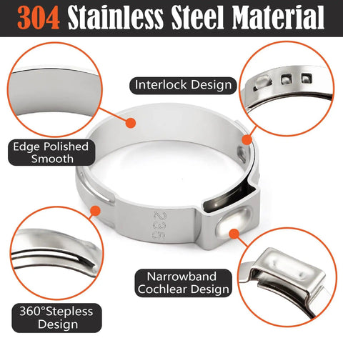 Close-up of stepless single ear clamp from 560 Pcs 22 Sizes 304 Stainless Steel Stepless Single Ear Hose Clamp Kit With Ear Clamp Pincer Tool For Fuel Line Automotive Industry And Home Plumbing Easy To Use