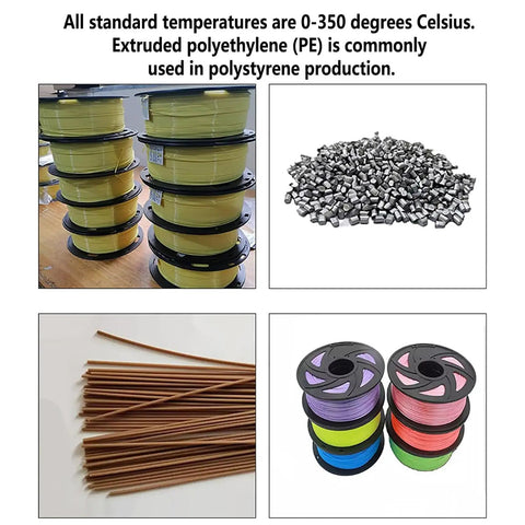 Workhorse Desktop 3D Printer Filament Extruder Maker With Crisp Digital Screen and Hassle Free Pellet Feed System For Churning Out Clean Recycled Plastic Filament At Ridiculous Speeds, showcasing spools of yellow filament.