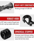 Synthetic Winch Rope Kit One Quarter Inch By Fifty Foot 9500 Lb Load Winch Line With Protective Sleeve Rubber Stopper And Heavy Duty Hook For Towing ATV UTV SUV Truck showing rope, hook, and stopper details.