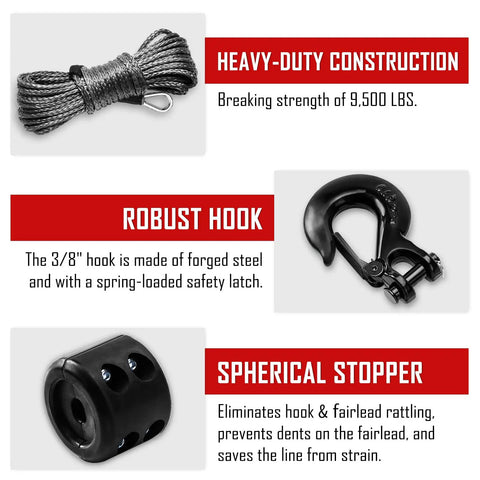 Synthetic Winch Rope Kit One Quarter Inch By Fifty Foot 9500 Lb Load Winch Line With Protective Sleeve Rubber Stopper And Heavy Duty Hook For Towing ATV UTV SUV Truck showing rope, hook, and stopper details.