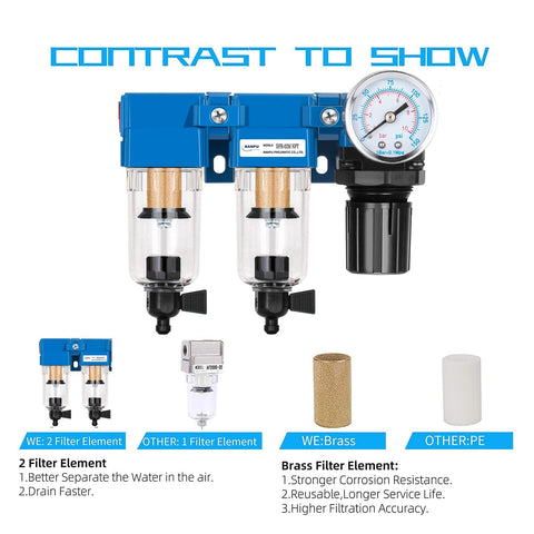One Quarter Inch NPT Air Drying System With Dual Air Filters And Regulator Combo Manual Drain Poly Bowl For Shop Air Lines Durable And Easy Maintenance