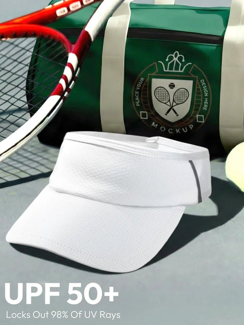 White sun visor hat with UV protection on gray surface, tennis racket, and green bag. Sun Visor Hat For Women And Men, UV Protection.