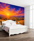 Classic Countryside Landscape Peel And Stick Wallpaper featuring a sunset, 69x96 inches, bright colors for bedroom decor.