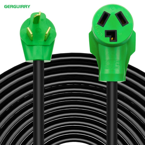 Heavy Duty 25ft 30 Amp Dryer Extension Cord 3 Prong NEMA 10-30P to 10-30R black cable with green plugs, coiled