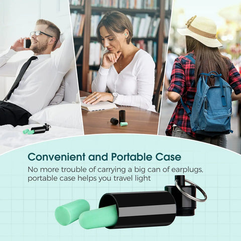 Image of Soft Sleep Ear Plugs With Aluminum Case 120 Count, showing portable case and diverse use for travel, work, and relaxation.