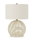 Coastal 21 Inch Rattan Table Lamp With White Linen Drum Shade One Light Ideal For Living Room Bedroom Or Office Includes 6 Ft Cord Bulb Compatible With Incandescent LED CFL