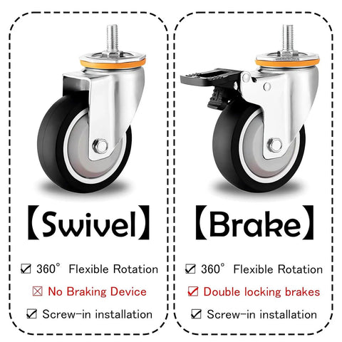 Heavy Duty Caster Wheels With Brakes For Furniture, Workbench And Cart; PU swivel and brake casters with double ball bearings.