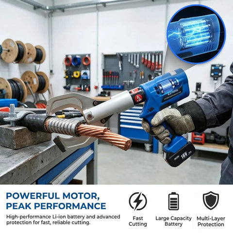 Cordless Cable Cutter With Hydraulic Power 60kN To 250kN Electric Wire Cutter, Portable Beefy Heavy Duty Cable Cutting Tool With 2 Batteries For Armored Lead Sheath Copper Aluminum Cables, Microcomputer Control Auto Pressure Detection cutting armored copper cable in workshop