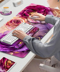 Person using Ultra Large Gaming Mouse Pad Desk Mat With 4 In 1 Ergonomic Wrist Rests And Coaster Set XXL Keyboard Wrist Rest Mouse Pad Combo For Home Office Marble Rose Purple Flowers Design