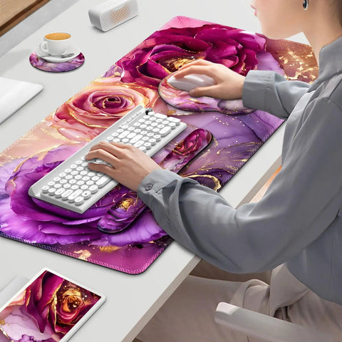 Person using Ultra Large Gaming Mouse Pad Desk Mat With 4 In 1 Ergonomic Wrist Rests And Coaster Set XXL Keyboard Wrist Rest Mouse Pad Combo For Home Office Marble Rose Purple Flowers Design