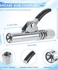Side view of Grease Gun Fittings Accessory Kit: chrome grease gun with 90-degree coupler and 12-inch hose.