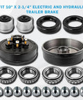 Beefed Up Trailer Brake Drum Kit 10x2 Inch 5 On 4.5 Inch Hub For 3500 Lb Axles Includes L68149 Inner Cone Bearings And L44649 Outer Cone Bearings Replacement Brake Hub Drum Assembly Two Set components displayed.