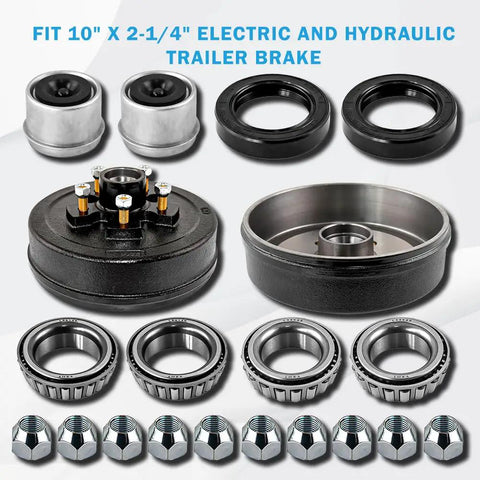 Beefed Up Trailer Brake Drum Kit 10x2 Inch 5 On 4.5 Inch Hub For 3500 Lb Axles Includes L68149 Inner Cone Bearings And L44649 Outer Cone Bearings Replacement Brake Hub Drum Assembly Two Set components displayed.